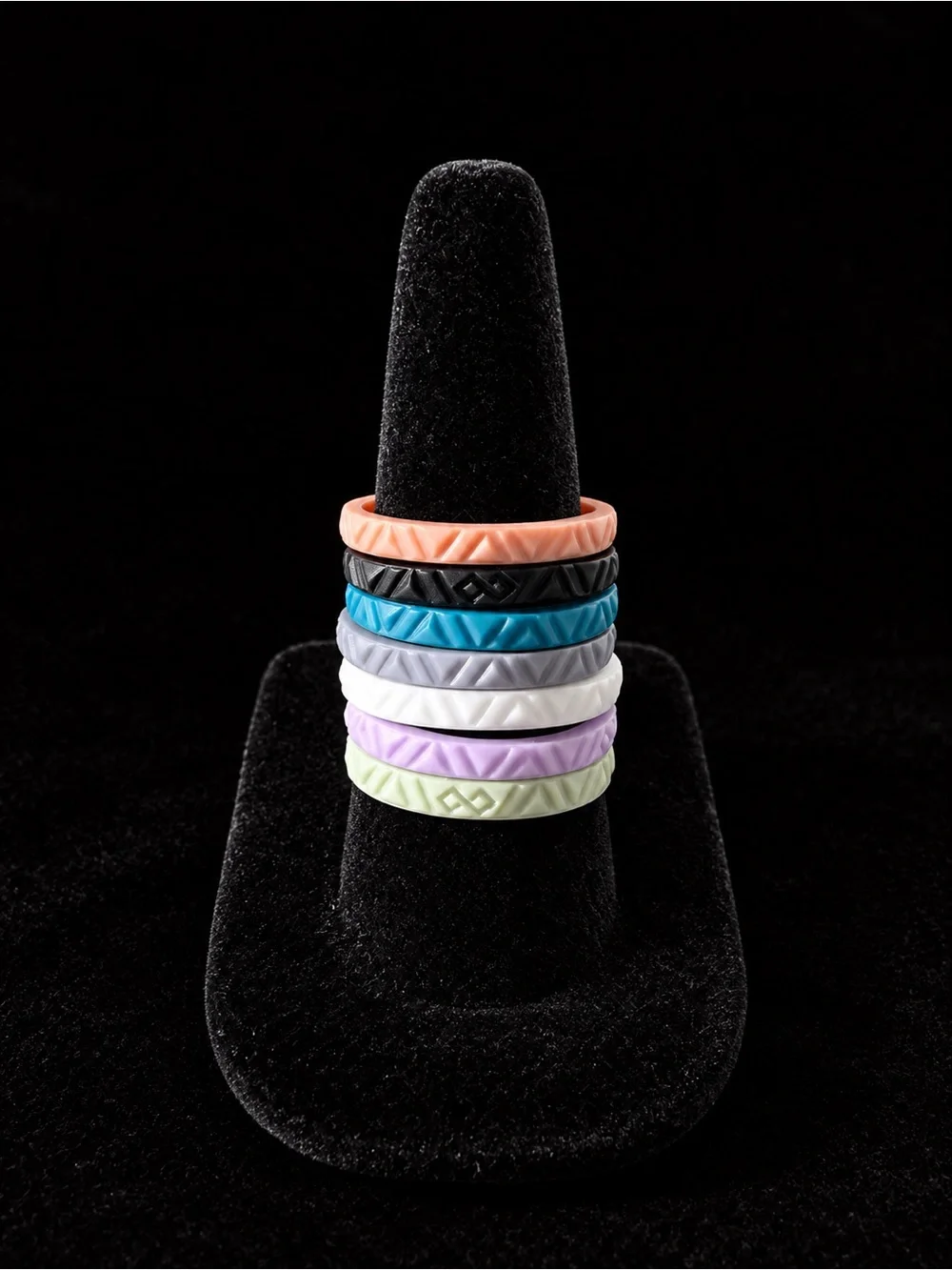 Pastel & Black Silicone Stackable Rings - Multicolor Set Seven Rings Size 8